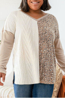 Patchwork plus size blouse in cream and beige