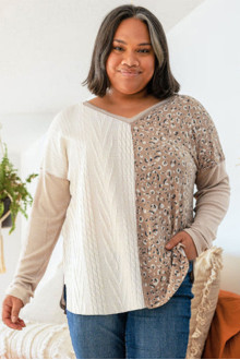 Patchwork plus size blouse in cream and beige