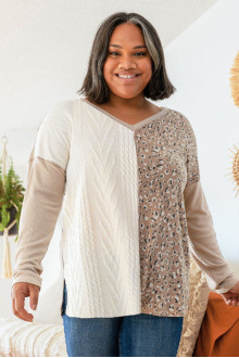 Patchwork plus size blouse in cream and beige