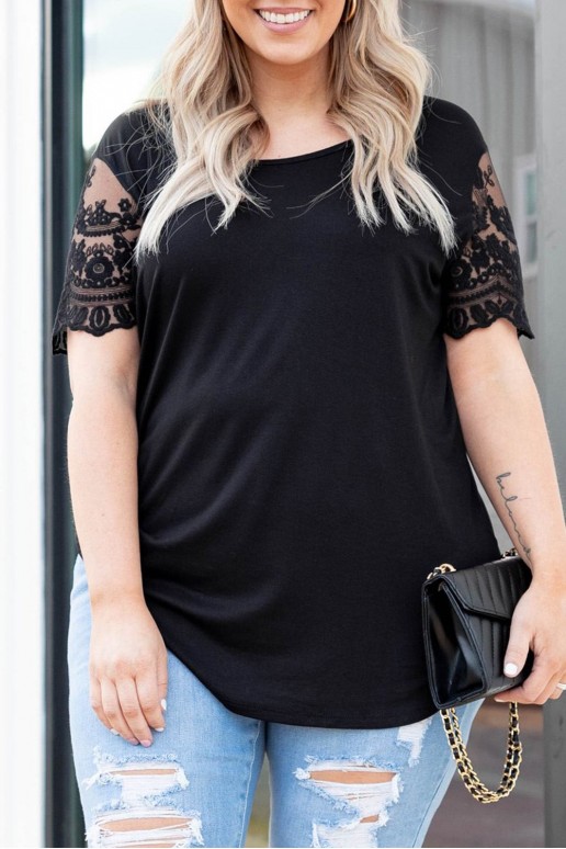 Black plus size blouse with short lace sleeves