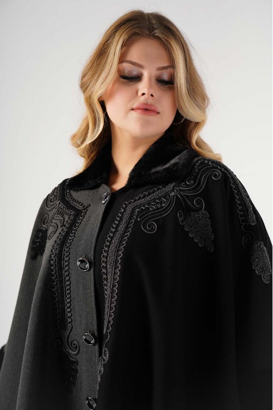 Елегантно макси палто с бродерия в черно и графитено сиво