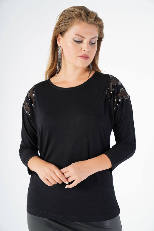 Luxurious black plus size blouse with sequins on the shoulders