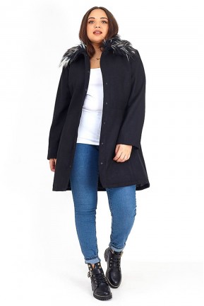 Plus size black wool coat with fluffy collar
