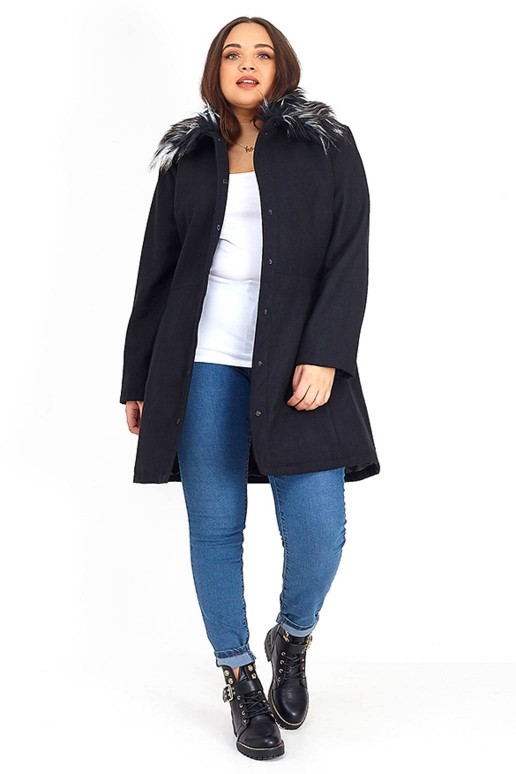 Plus size black thin wool coat with fluffy collar
