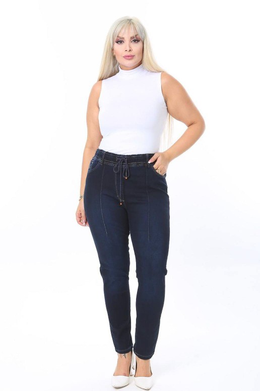 Plus size jeans with an elasticated waist and half-hem in dark denim