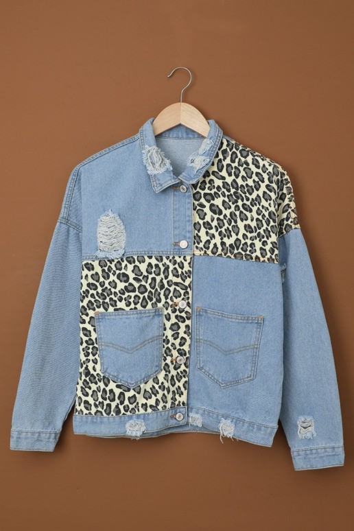 Denim jacket with torn and leopard