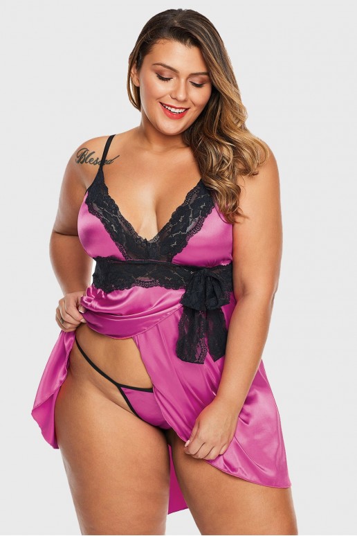 Satin sexy plus size babydoll nightgown - pink