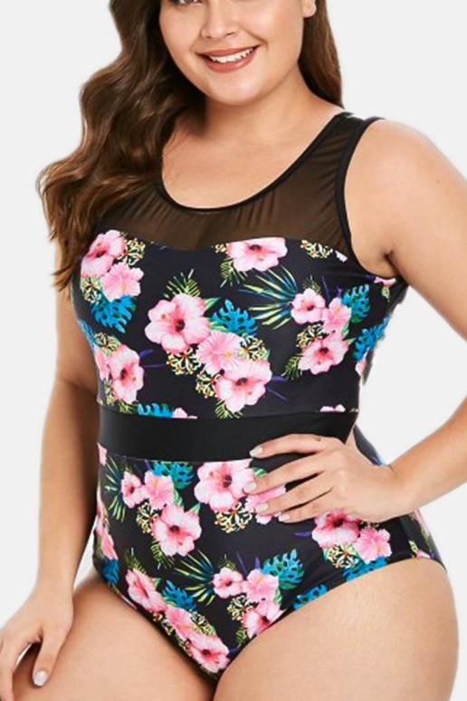 Full plus size swimsuit with flowers and ties on the back