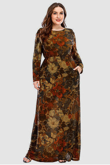 Long plus size dress in brown tones and floral print