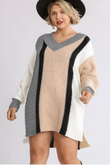 Knitted plus size tunic-dress in beige, gray and cream