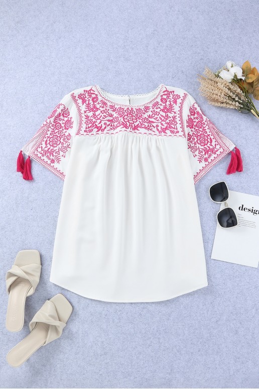 White short sleeve plus size blouse with pink embroidery