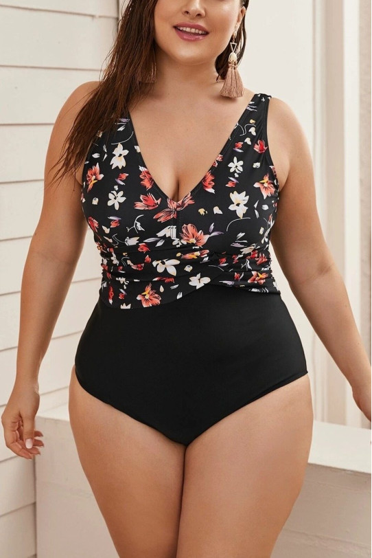 One piece plus size swimsuit with shapewear in black and floral print