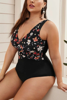 One piece plus size swimsuit with shapewear in black and floral print