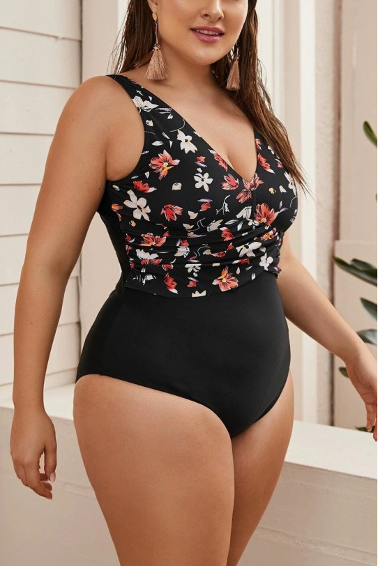 One piece plus size swimsuit with shapewear in black and floral print