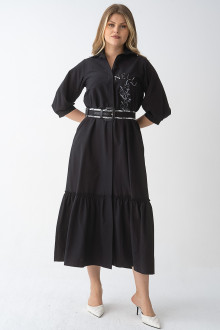 Luxurious black plus size dress with belt and embroidery