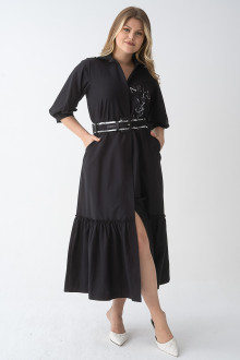 Luxurious black plus size dress with belt and embroidery