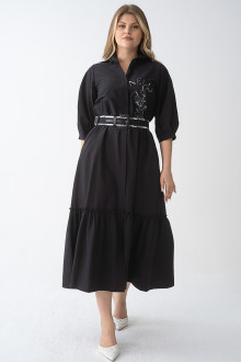 Luxurious black plus size dress with belt and embroidery