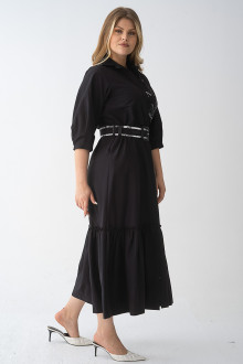 Luxurious black plus size dress with belt and embroidery