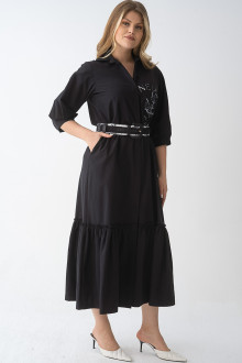 Luxurious black plus size dress with belt and embroidery