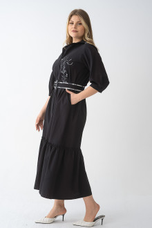 Luxurious black plus size dress with belt and embroidery