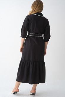 Luxurious black plus size dress with belt and embroidery