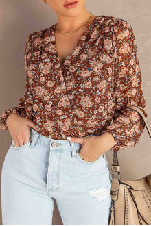 Long sleeve plus size blouse with roses print in earth tones