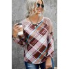Plaid plus size blouse with long sleeves and fine sequins on the shoulders