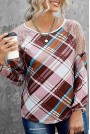 Plaid plus size blouse with long sleeves and fine sequins on the shoulders