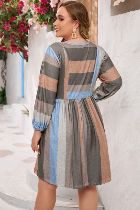 Casual plus size dress in ash gray and beige stripe