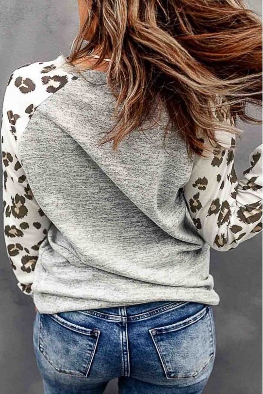Сива макси блуза с леопардови ръкави