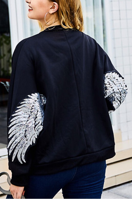 Black slim plus size jacket with wings decoration of fine sequins