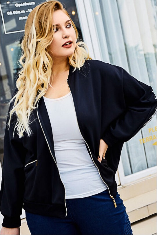 Black slim plus size jacket with wings decoration of fine sequins