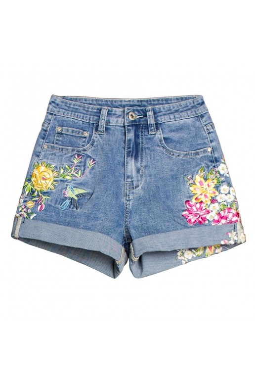 Къси дънкови макси панталонки с цветна флорална бродерия
