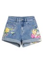Denim plus size shorts with colorful floral embroidery