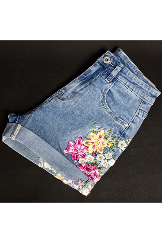 Denim plus size shorts with colorful floral embroidery