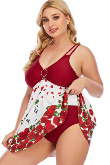 Plus size tankini dress type with red roses