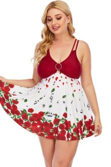 Plus size tankini dress type with red roses