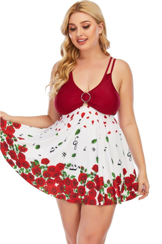 Plus size tankini dress type with red roses