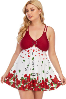 Plus size tankini dress type with red roses