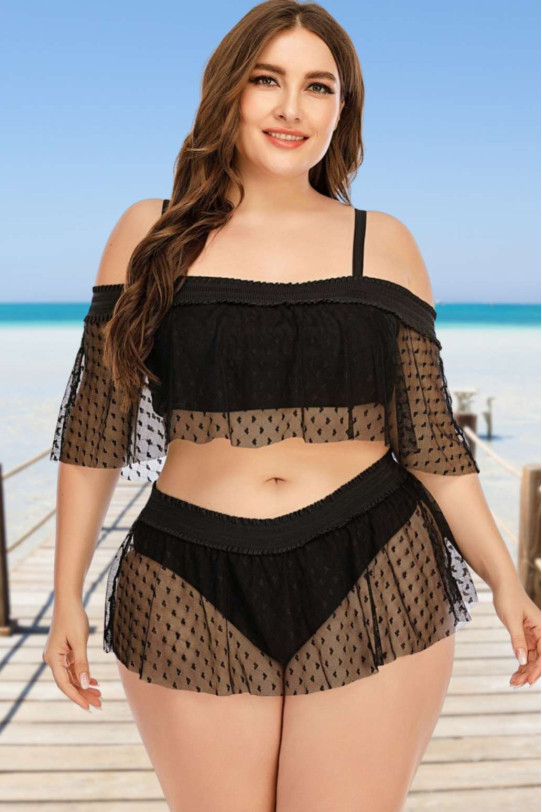 Women's half-length plus size swimsuit with fine tulle on tiny hearts