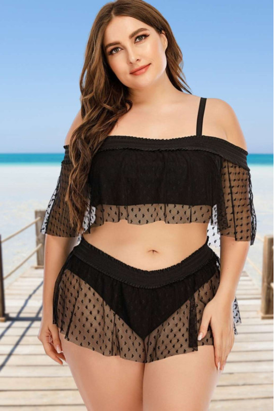 Women's half-length plus size swimsuit with fine tulle on tiny hearts