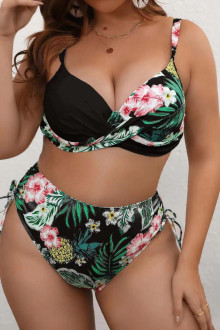 Twisted neckline plus size bikini bottoms in black tropical print