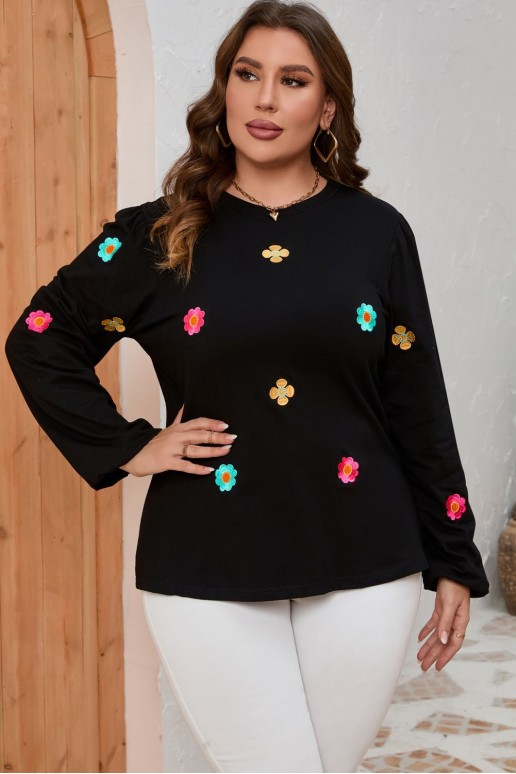 Cotton black plus size blouse with embroidered flowers