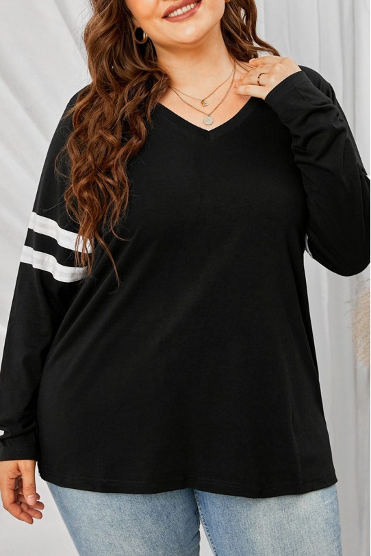 Черна макси блуза с V-образно деколте и бели линии на ръкавите