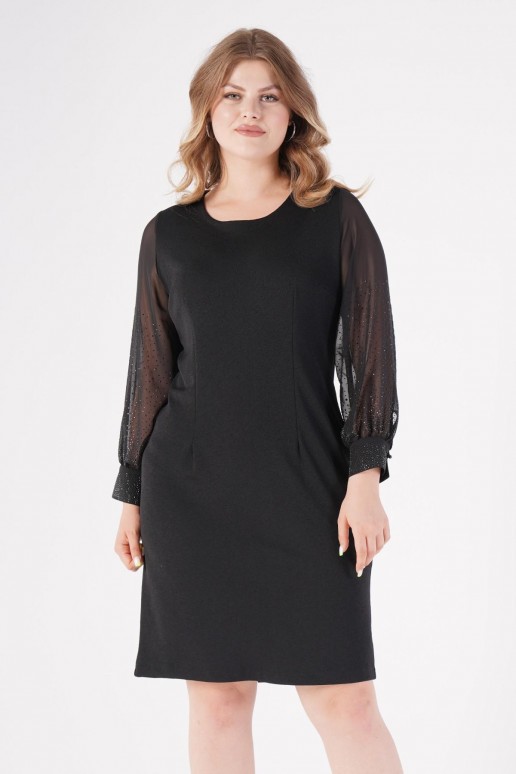 Luxurious black plus size dress with slightly sheer shimmery sleeves