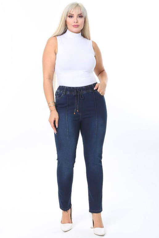 Plus size jeans with an elasticated waist and semi-hem dark denim with a slight lightening