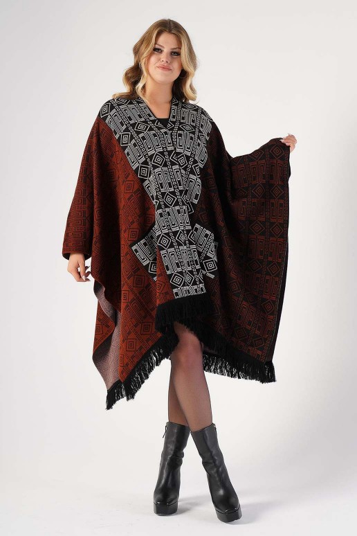 Plus size coat in ethnic pattern with fringe