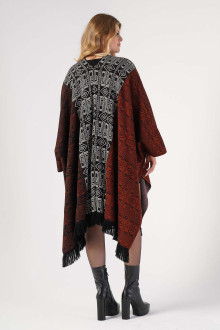 Plus size coat in ethnic pattern with fringe