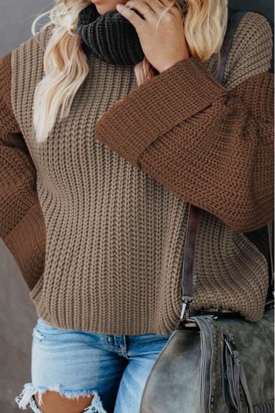 Модерен макси пуловер с висока яка в кафяви тонове