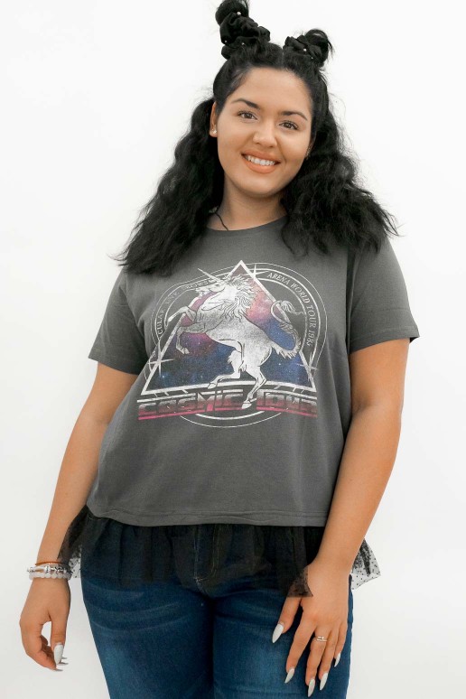 Plus size Gray tulle top with unicorn print